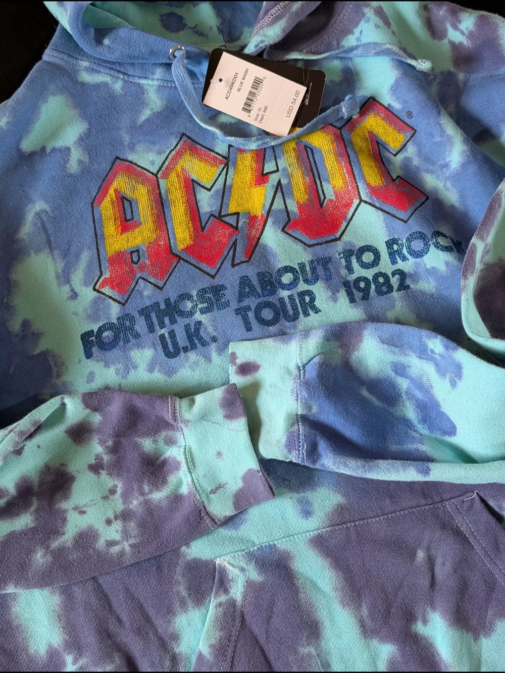 AC/DC For Those About To Rock UK Tour Blue Tie Dye Pullover Hoodie Men's XL - Picture 3 of 5